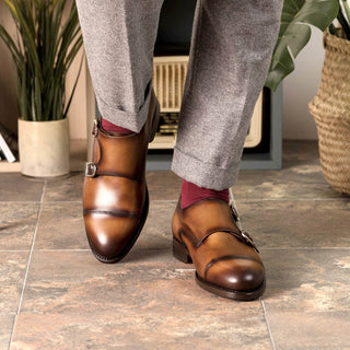 Ambrogio Handmade Cognac Calf-Skin Leather Cap-Toe Monk-Straps Loafers (AMB2301)-AmbrogioShoes