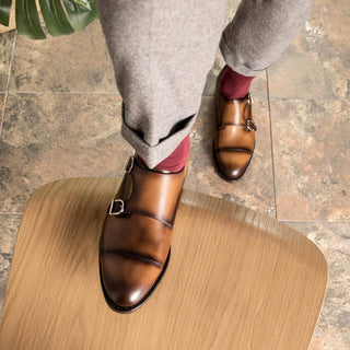 Ambrogio Handmade Cognac Calf-Skin Leather Cap-Toe Monk-Straps Loafers (AMB2301)-AmbrogioShoes