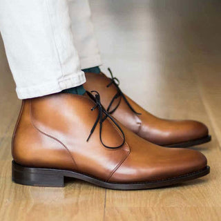 Ambrogio Handmade Cognac Calf-Skin Leather Chukka Boots (AMB2265)-AmbrogioShoes