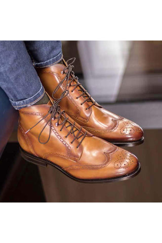 Ambrogio Handmade Cognac Calf-Skin Leather Military Brogue Boots (AMB2329)-AmbrogioShoes