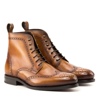Ambrogio Handmade Cognac Calf-Skin Leather Military Brogue Boots (AMB2329)-AmbrogioShoes