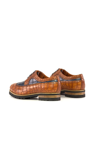 Ambrogio Handmade Cognac & Navy Crocodile Embossed Leather Longwing Blucher Oxfords (AMB2343)-AmbrogioShoes
