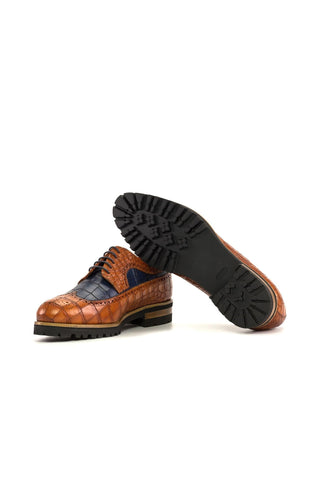 Ambrogio Handmade Cognac & Navy Crocodile Embossed Leather Longwing Blucher Oxfords (AMB2343)-AmbrogioShoes