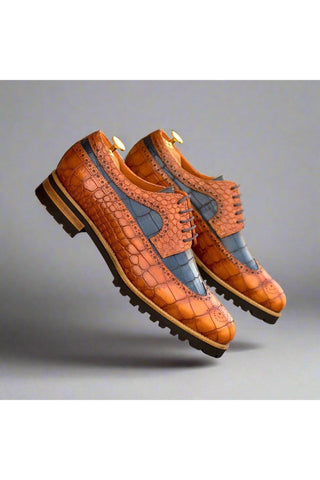 Ambrogio Handmade Cognac & Navy Crocodile Embossed Leather Longwing Blucher Oxfords (AMB2343)-AmbrogioShoes