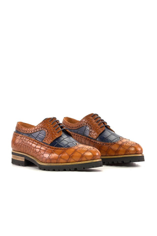 Ambrogio Handmade Cognac & Navy Crocodile Embossed Leather Longwing Blucher Oxfords (AMB2343)-AmbrogioShoes