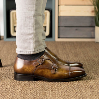 Ambrogio Handmade Cognac Patina Leather Monk-Straps Loafers (AMB2397)-AmbrogioShoes