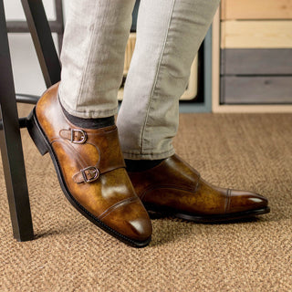 Ambrogio Handmade Cognac Patina Leather Monk-Straps Loafers (AMB2397)-AmbrogioShoes