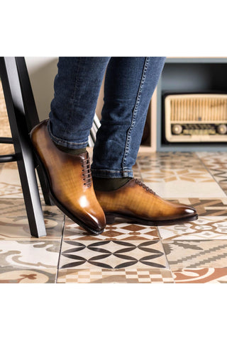 Ambrogio Handmade Cognac Patina Leather Whole-Cut Oxfords (AMB2375)-AmbrogioShoes