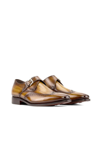 Ambrogio Handmade Cognac Patina Leather Wingtip Monk Strap (AMB2302)-AmbrogioShoes