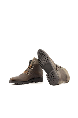Ambrogio Handmade Custom Beige & Brown Tweed Fabric / Pebble Grain Leather Hiking Boots (AMB2180)-AmbrogioShoes