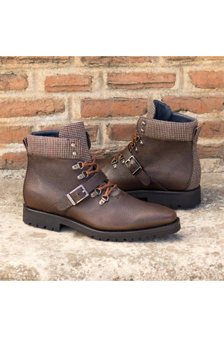 Ambrogio Handmade Custom Beige & Brown Tweed Fabric / Pebble Grain Leather Hiking Boots (AMB2180)-AmbrogioShoes