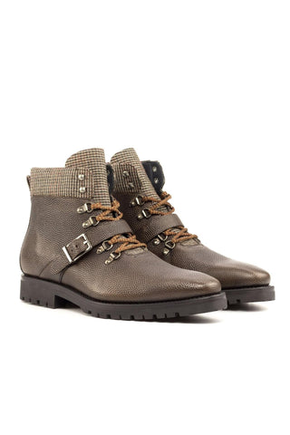 Ambrogio Handmade Custom Beige & Brown Tweed Fabric / Pebble Grain Leather Hiking Boots (AMB2180)-AmbrogioShoes