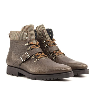 Ambrogio Handmade Custom Beige & Brown Tweed Fabric / Pebble Grain Leather Hiking Boots (AMB2180)-AmbrogioShoes