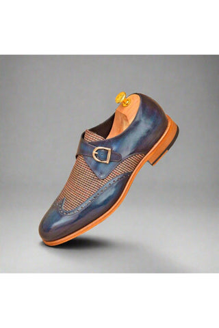 Ambrogio Handmade Custom Beige & Denim Fabric / Patina Leather Monk Strap (AMB1981)-AmbrogioShoes