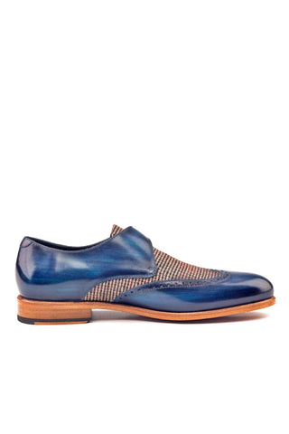 Ambrogio Handmade Custom Beige & Denim Fabric / Patina Leather Monk Strap (AMB1981)-AmbrogioShoes