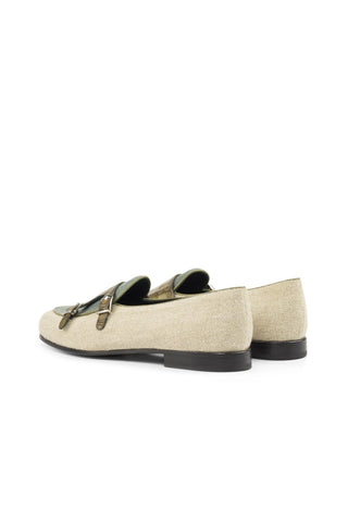 Ambrogio Handmade Custom Beige, Olive & Khaki Linen Fabric / Crocodile Embossed Leather Loafers (AMB2192)-AmbrogioShoes