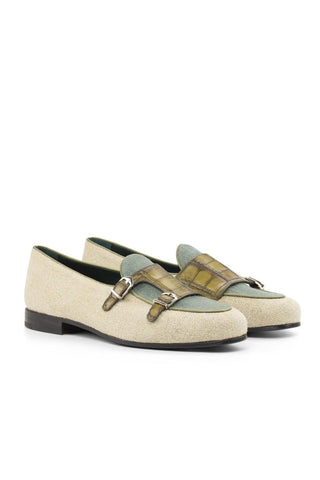 Ambrogio Handmade Custom Beige, Olive & Khaki Linen Fabric / Crocodile Embossed Leather Loafers (AMB2192)-AmbrogioShoes