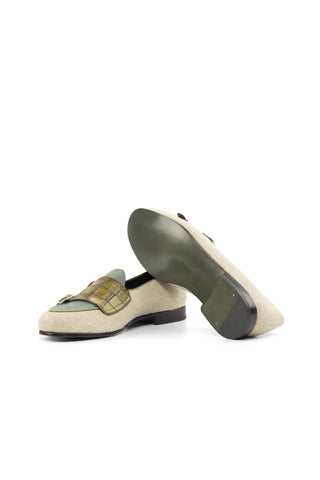 Ambrogio Handmade Custom Beige, Olive & Khaki Linen Fabric / Crocodile Print Leather Loafers (AMB2192)-AmbrogioShoes