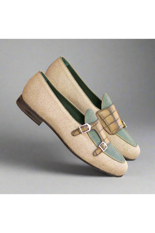 Ambrogio Handmade Custom Beige, Olive & Khaki Linen Fabric / Crocodile Print Leather Loafers (AMB2192)-AmbrogioShoes