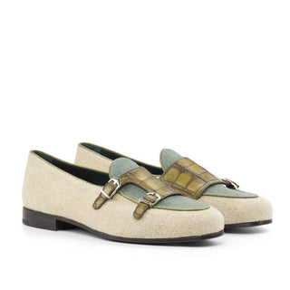 Ambrogio Handmade Custom Beige, Olive & Khaki Linen Fabric / Crocodile Print Leather Loafers (AMB2192)-AmbrogioShoes