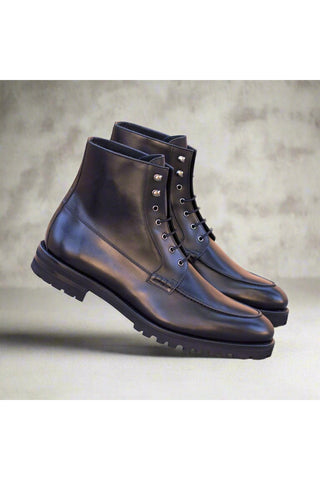 Ambrogio Handmade Custom Black Box Calf-Skin Leather Moccasin Boots (AMB2167)-AmbrogioShoes