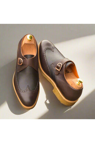 Ambrogio Handmade Custom Black & Brown Pebble Grain Calf-Skin Leather Monk Strap (AMB1884)-AmbrogioShoes