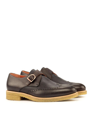 Ambrogio Handmade Custom Black & Brown Pebble Grain Calf-Skin Leather Monk Strap (AMB1884)-AmbrogioShoes