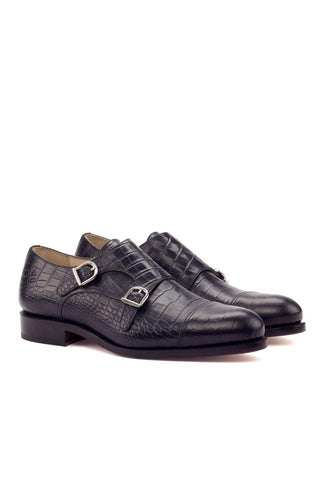 Ambrogio Handmade Custom Black & Burgundy Crocodile Embossed / Polished Leather Monk-Straps Loafers (AMB1930)-AmbrogioShoes
