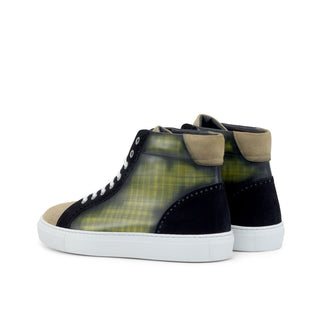 Ambrogio Handmade Custom Black, Camel & Khaki Suede / Patina Leather High-Top Sneakers (AMB2218)-AmbrogioShoes