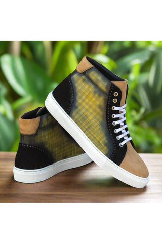 Ambrogio Handmade Custom Black, Camel & Khaki Suede / Patina Leather High-Top Sneakers (AMB2218)-AmbrogioShoes