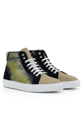 Ambrogio Handmade Custom Black, Camel & Khaki Suede / Patina Leather High-Top Sneakers (AMB2218)-AmbrogioShoes