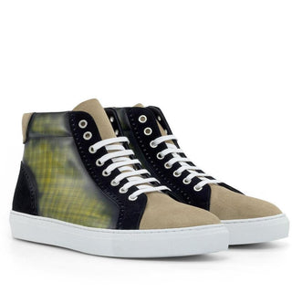 Ambrogio Handmade Custom Black, Camel & Khaki Suede / Patina Leather High-Top Sneakers (AMB2218)-AmbrogioShoes