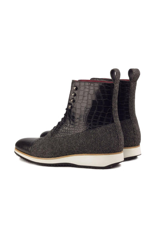 Ambrogio Handmade Custom Black & Gray Fabric / Crocodile Print Leather Balmoral Boots (AMB2128)-AmbrogioShoes