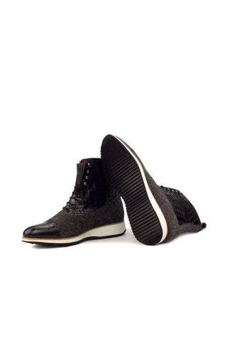 Ambrogio Handmade Custom Black & Gray Fabric / Crocodile Print Leather Balmoral Boots (AMB2128)-AmbrogioShoes