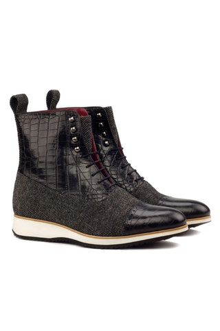 Ambrogio Handmade Custom Black & Gray Fabric / Crocodile Print Leather Balmoral Boots (AMB2128)-AmbrogioShoes