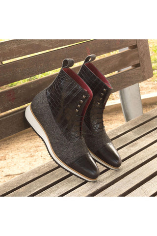 Ambrogio Handmade Custom Black & Gray Fabric / Crocodile Print Leather Balmoral Boots (AMB2128)-AmbrogioShoes