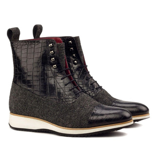 Ambrogio Handmade Custom Black & Gray Fabric / Crocodile Print Leather Balmoral Boots (AMB2128)-AmbrogioShoes