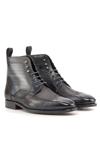 Ambrogio Handmade Custom Black & Gray Patina Leather Military Brogue Boots (AMB2216)-AmbrogioShoes