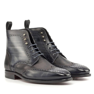 Ambrogio Handmade Custom Black & Gray Patina Leather Military Brogue Boots (AMB2216)-AmbrogioShoes