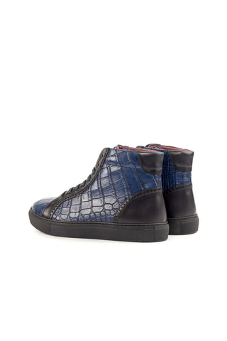 Ambrogio Handmade Custom Black & Navy Crocodile Print / Calf-Skin Leather High-Top Sneakers (AMB1961)-AmbrogioShoes