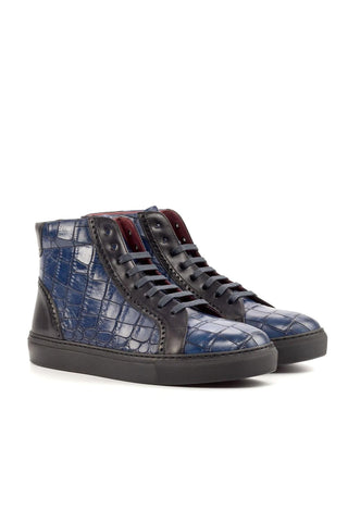 Ambrogio Handmade Custom Black & Navy Crocodile Print / Calf-Skin Leather High-Top Sneakers (AMB1961)-AmbrogioShoes