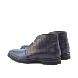 Ambrogio Handmade Custom Black & Navy Crocodile Print / Calf-Skin Leather Chukka Boots (AMB1882)-AmbrogioShoes