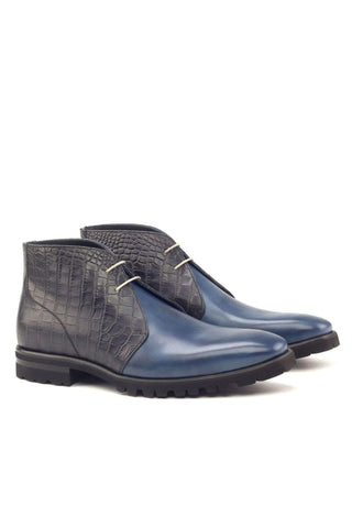 Ambrogio Handmade Custom Black & Navy Crocodile Print / Calf-Skin Leather Chukka Boots (AMB1882)-AmbrogioShoes