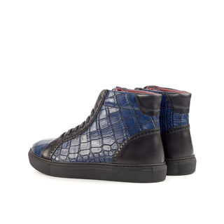 Ambrogio Handmade Custom Black & Navy Crocodile Print / Calf-Skin Leather High-Top Sneakers (AMB1961)-AmbrogioShoes