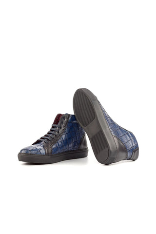Ambrogio Handmade Custom Black & Navy Crocodile Print / Calf-Skin Leather High-Top Sneakers (AMB1961)-AmbrogioShoes