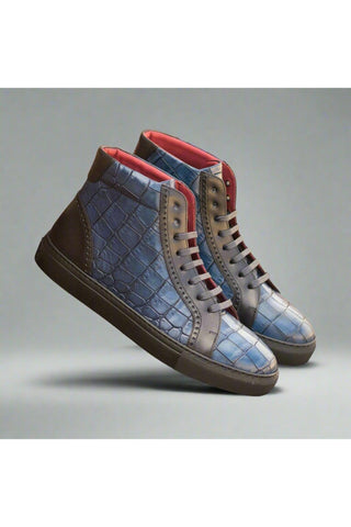 Ambrogio Handmade Custom Black & Navy Crocodile Print / Calf-Skin Leather High-Top Sneakers (AMB1961)-AmbrogioShoes