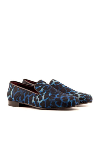 Ambrogio Handmade Custom Black & Navy Leopard Embossed / Calf-Skin Leather Wellington Loafers (AMB1962)-AmbrogioShoes