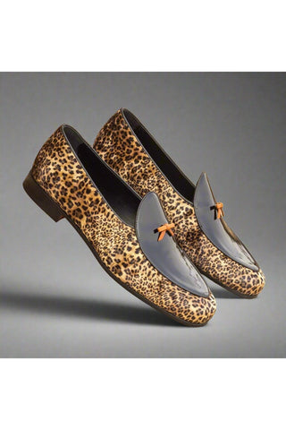 Ambrogio Handmade Custom Black & Yellow Leopard Sartorial / Patent Belgian Loafers (AMB2232)-AmbrogioShoes