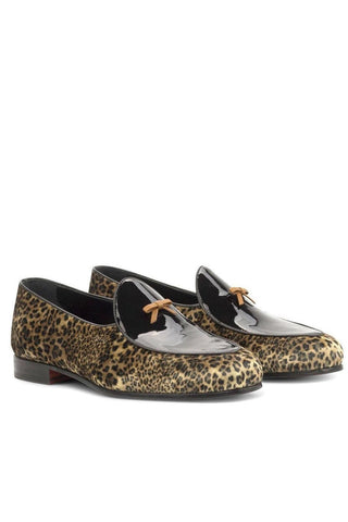 Ambrogio Handmade Custom Black & Yellow Leopard Sartorial / Patent Belgian Loafers (AMB2232)-AmbrogioShoes