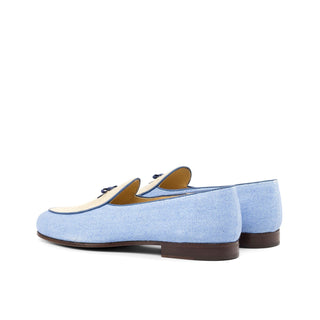 Ambrogio Handmade Custom Blue & Beige Linen Fabric Belgian Loafers (AMB2191)-AmbrogioShoes